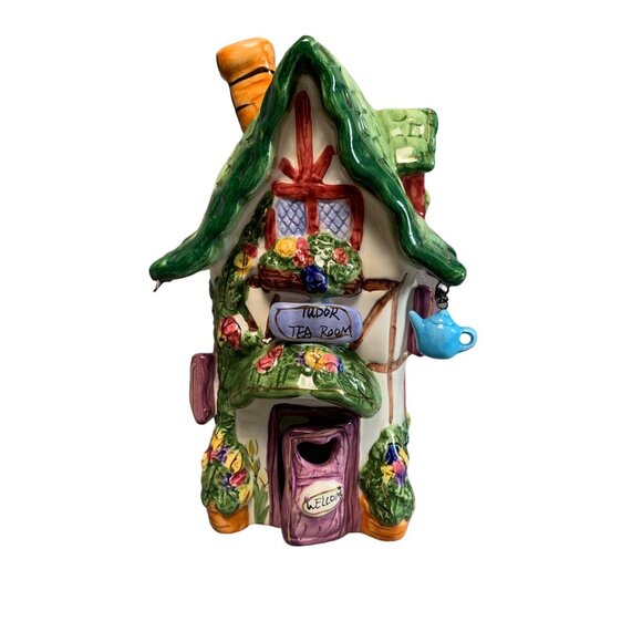 Cobblestone Village Tudor Tea Room Candle Holder Ceramic House with Green Roof - Picture 1 of 15